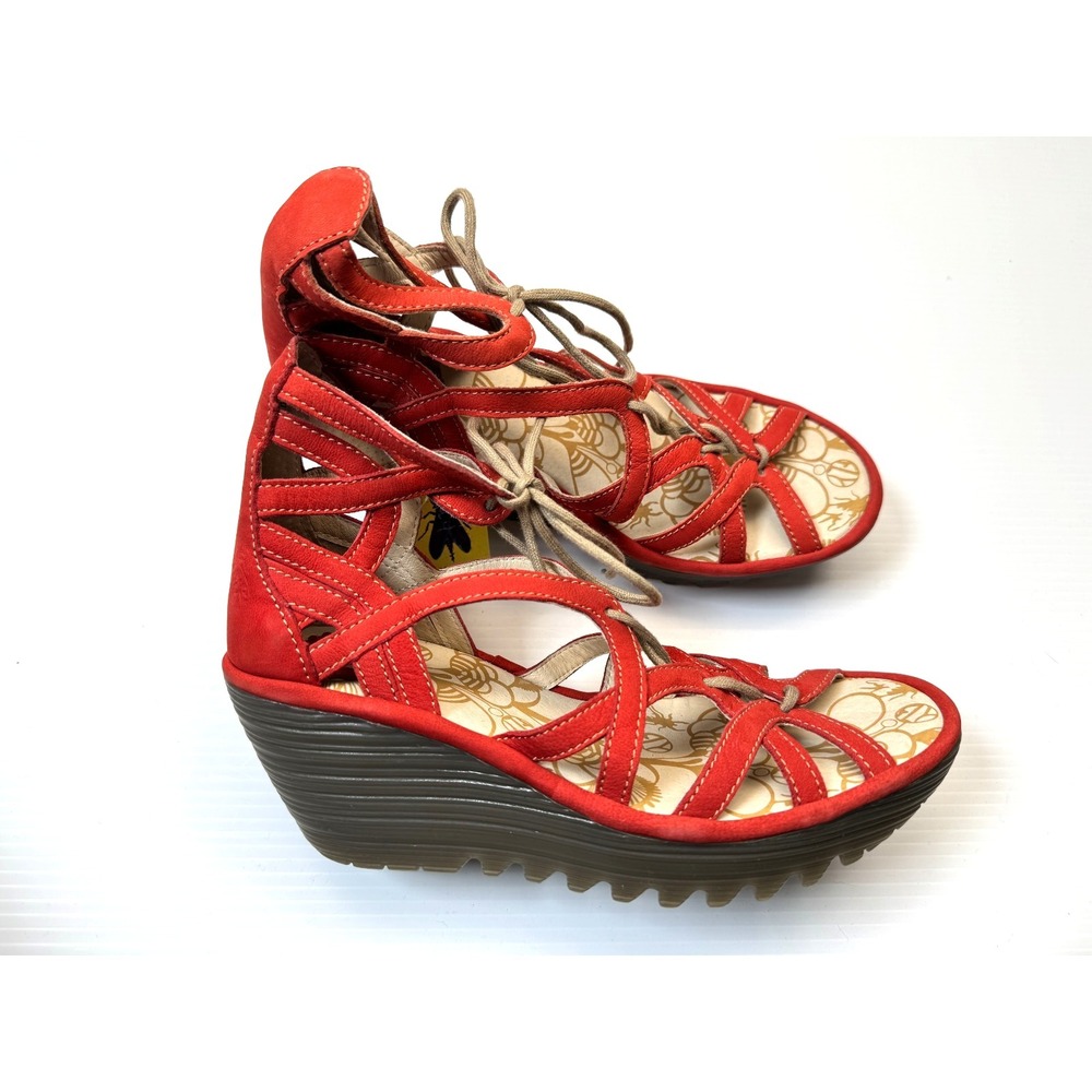 FLY London Yeli Wedge Sandals Women 36  US 5.5-6 NWT Leather Lace Up Red Strappy